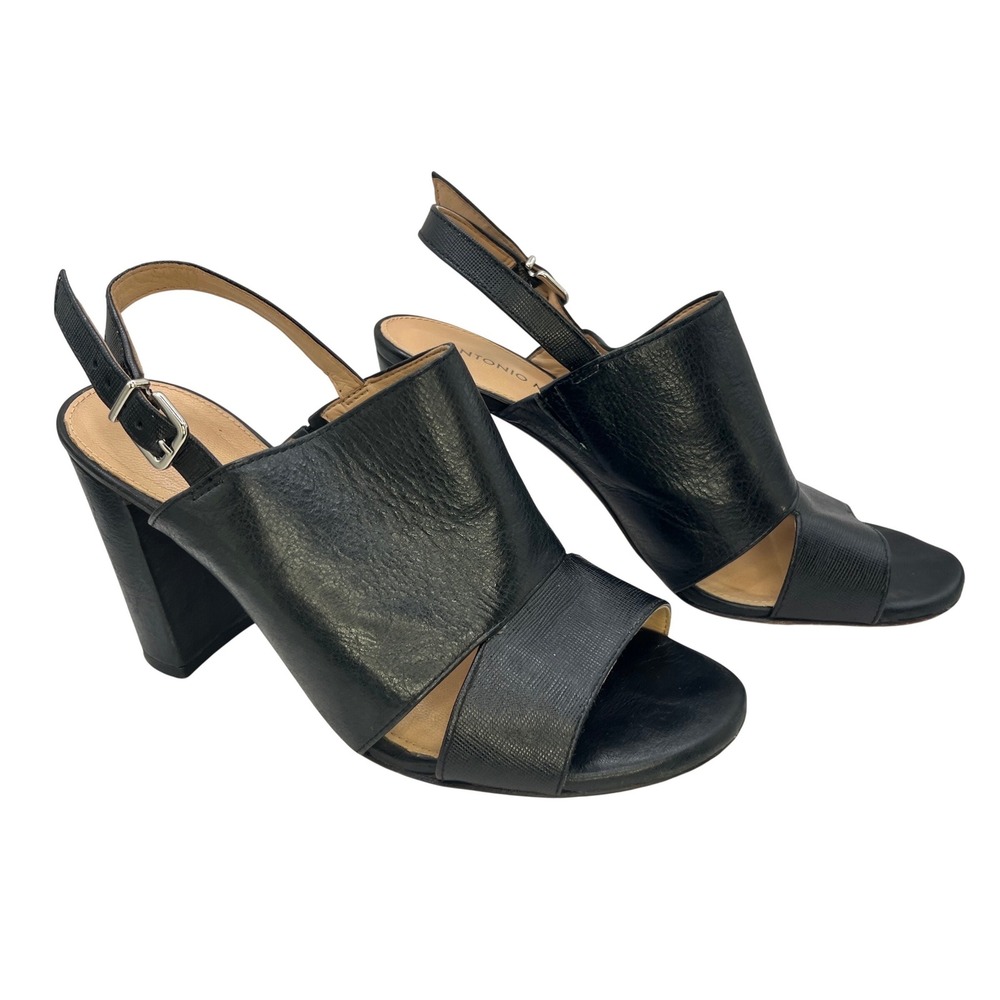 ANTONIO MELANI Black Leather Open-Toe Block Heel Slingback Sandals